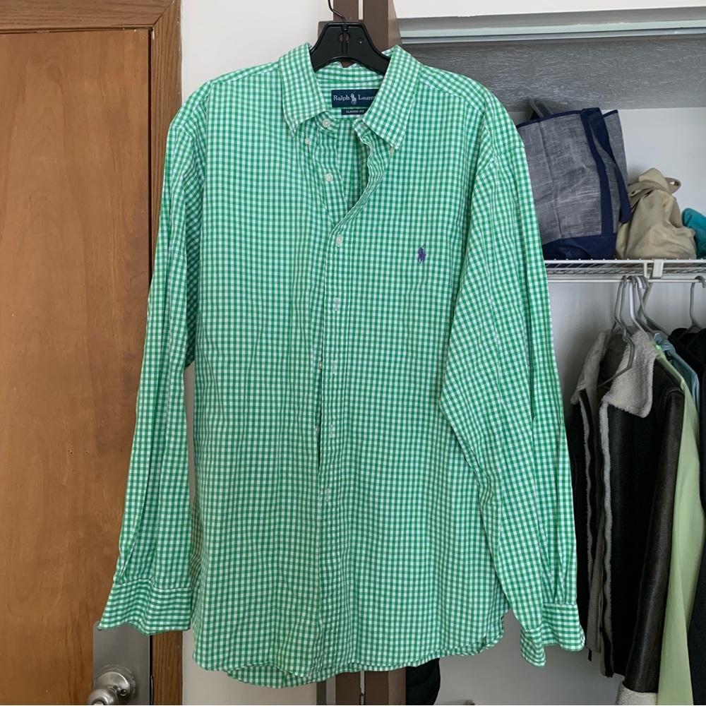 Ralph Lauren Green Gingham Button-Down Long Sleeve Oxford Shirt